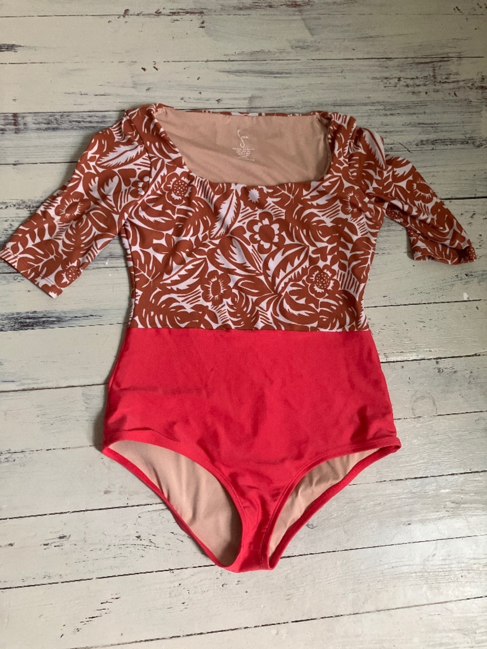 Seea Rust Floral & Coral Colorblock Long Sleeve One-Piece
